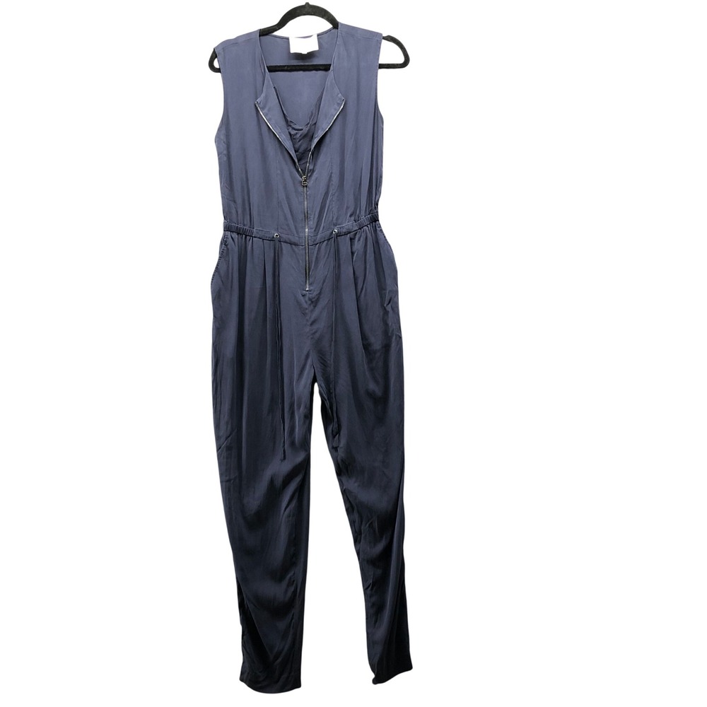 3.1 Phillip Lim Silk Zip Front Jumpsuit Sz 0 Navy Blue Drawstring Waist Stretch